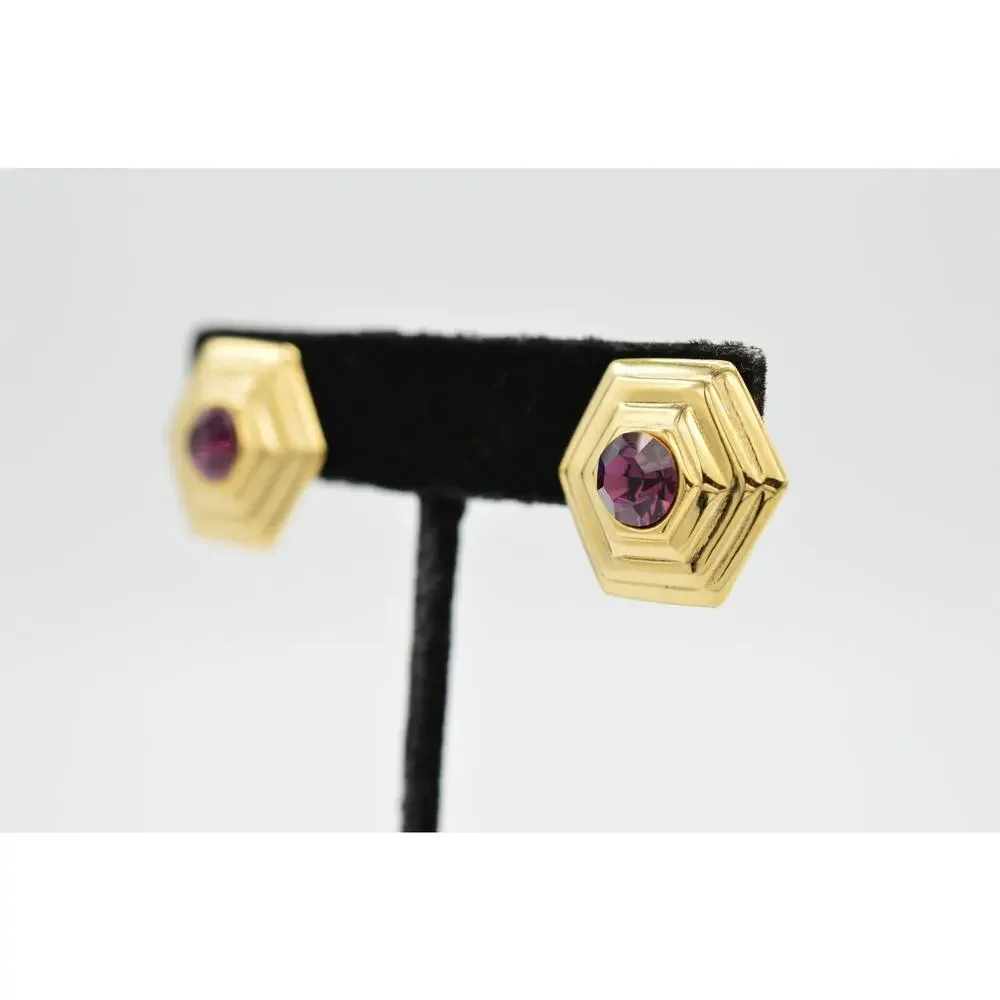 Vintage Crystal Clip On Earrings Rhinestone Purple Gold Statement NOS 1980s 9L